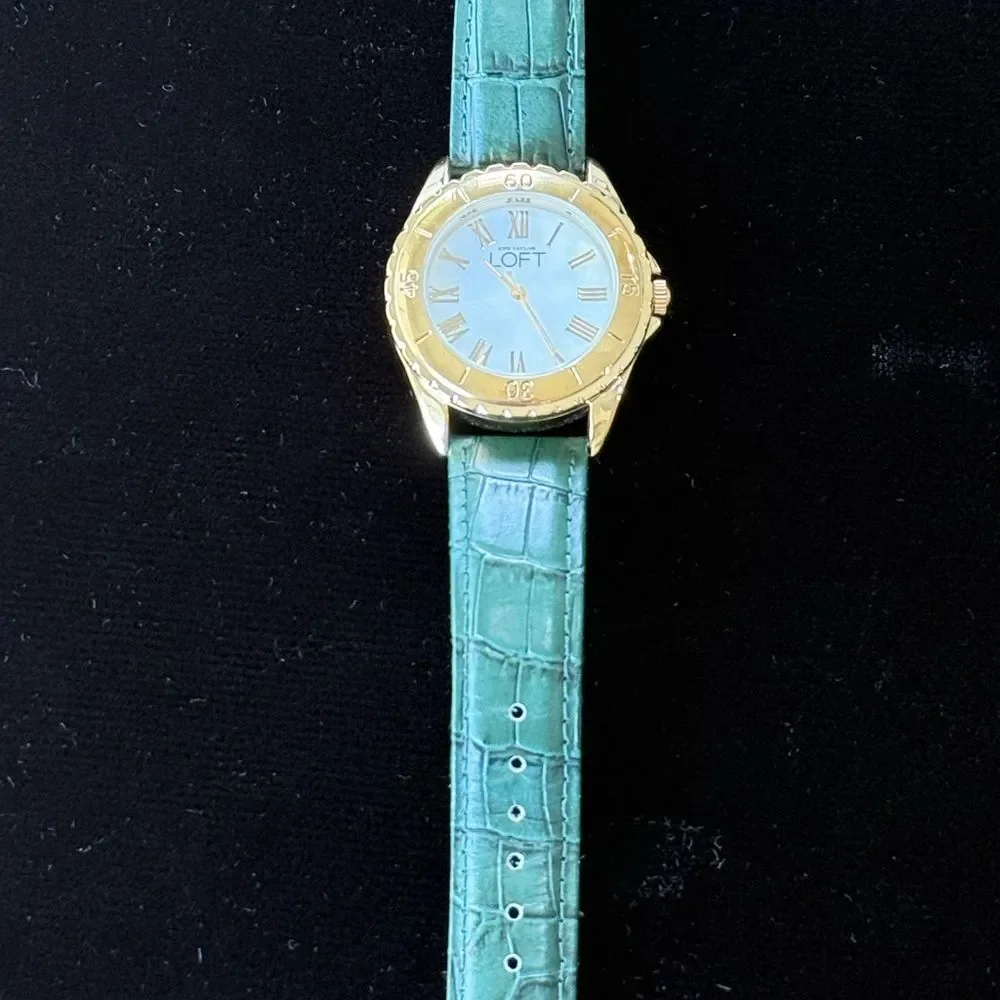LOFT Gold Tone Green Croc Leather Band Watch Mother Of Pearl Face NWOT